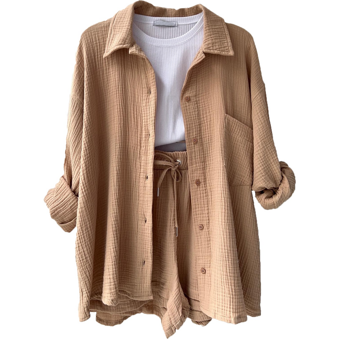 Damen Zomerset | Baumwolle | 2-teilig | Kurz | Bluse | Locker sitzend-Khaki-S-Luzern Mode