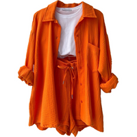 Damen Zomerset | Baumwolle | 2-teilig | Kurz | Bluse | Locker sitzend-Orange-S-Luzern Mode