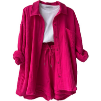 Damen Zomerset | Baumwolle | 2-teilig | Kurz | Bluse | Locker sitzend-Rosa-S-Luzern Mode