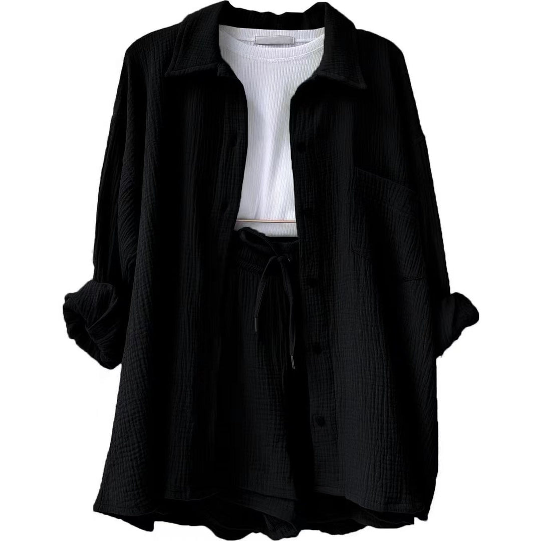 Damen Zomerset | Baumwolle | 2-teilig | Kurz | Bluse | Locker sitzend-Schwarz-S-Luzern Mode