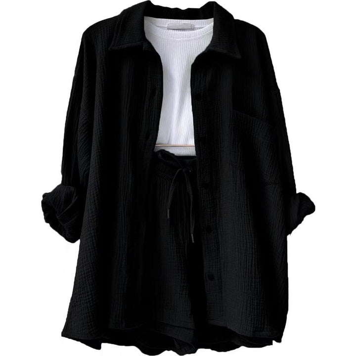 Damen Zomerset | Baumwolle | 2-teilig | Kurz | Bluse | Locker sitzend-Schwarz-S-Luzern Mode