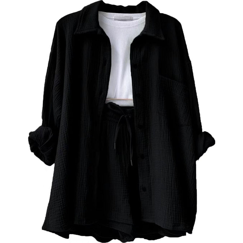 Damen Zomerset | Baumwolle | 2-teilig | Kurz | Bluse | Locker sitzend-Schwarz-S-Luzern Mode