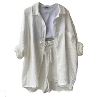 Damen Zomerset | Baumwolle | 2-teilig | Kurz | Bluse | Locker sitzend-Weiß-S-Luzern Mode