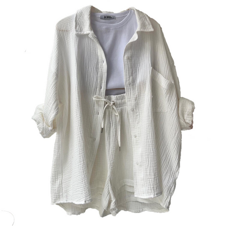 Damen Zomerset | Baumwolle | 2-teilig | Kurz | Bluse | Locker sitzend-Weiß-S-Luzern Mode