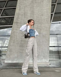 Damen Cargo-Hose mit Langarm-Crop-Top und Handtasche-Hellgrau-XS-Luzern Mode