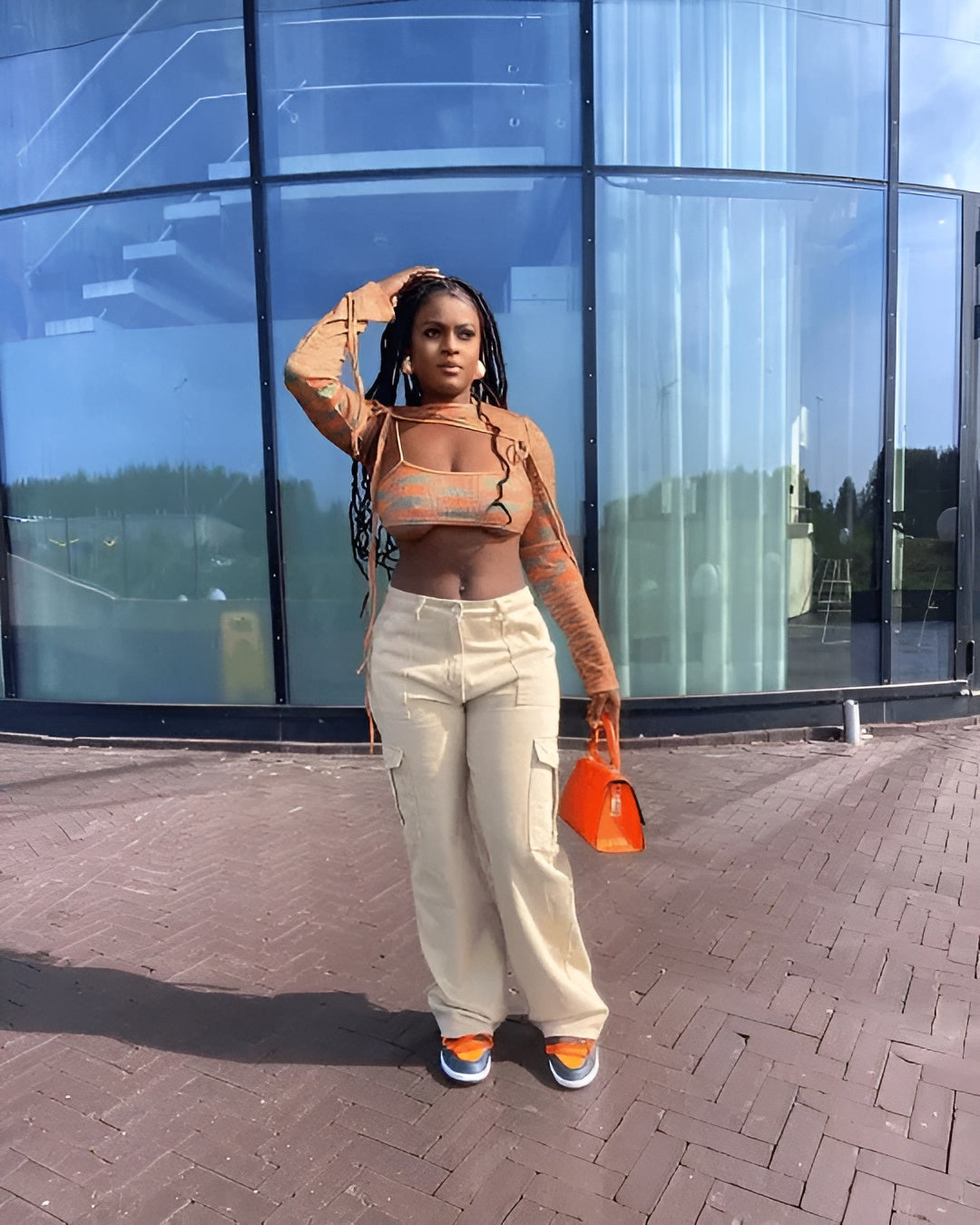 Damen Cargo-Hose mit Langarm-Crop-Top und Handtasche-Khaki-XS-Luzern Mode