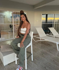 Damen Cargo-Hose mit Langarm-Crop-Top und Handtasche-Olivgrün-XS-Luzern Mode