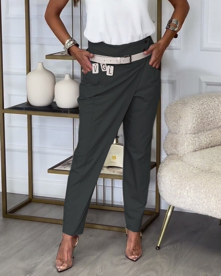 Damen Stretchhose mit Hohem Bund und Bequemer Passform-Dunkelgrau-S-Luzern Mode