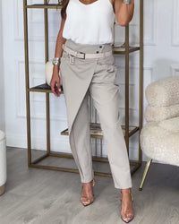 Damen Stretchhose mit Hohem Bund und Bequemer Passform-Grau-S-Luzern Mode