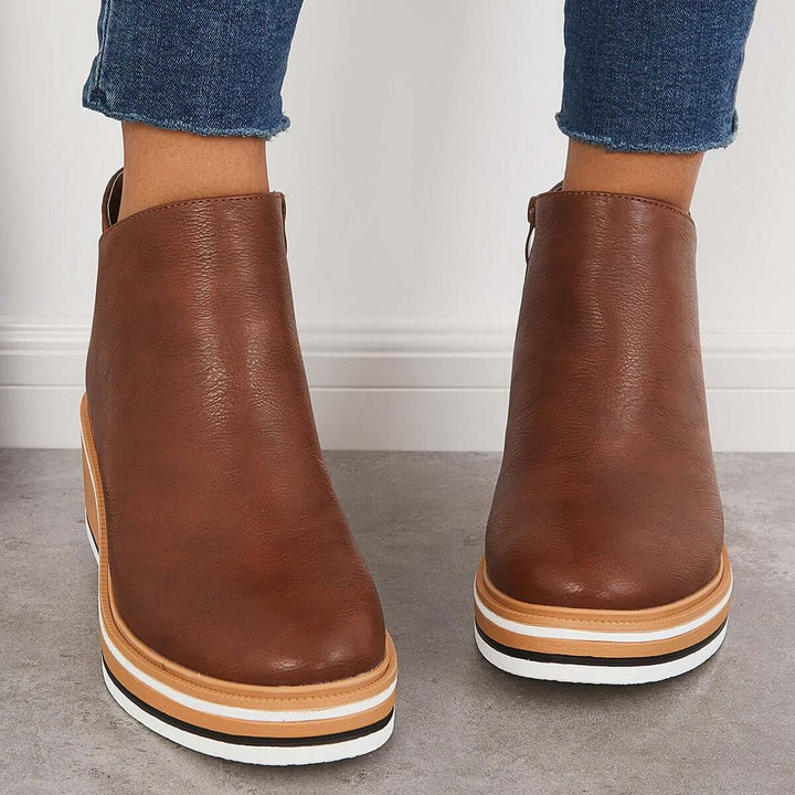Damen Stiefeletten | Veganes Leder | Plateausohle | Reißverschluss | Einfarbig-Braun-35-Luzern Mode