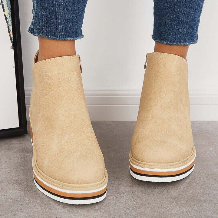 Damen Stiefeletten | Veganes Leder | Plateausohle | Reißverschluss | Einfarbig-Khaki-35-Luzern Mode