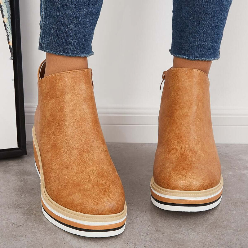 Damen Stiefeletten | Veganes Leder | Plateausohle | Reißverschluss | Einfarbig-Lichtbraun-35-Luzern Mode