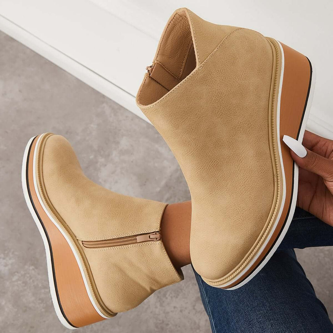 Damen Stiefeletten | Veganes Leder | Plateausohle | Reißverschluss | Einfarbig-Luzern Mode