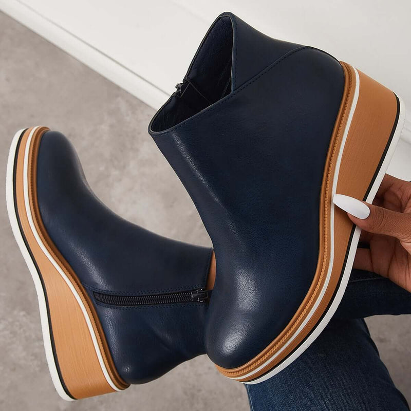 Damen Stiefeletten | Veganes Leder | Plateausohle | Reißverschluss | Einfarbig-Luzern Mode
