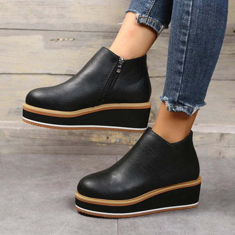 Damen Stiefeletten | Veganes Leder | Plateausohle | Reißverschluss | Einfarbig-Luzern Mode
