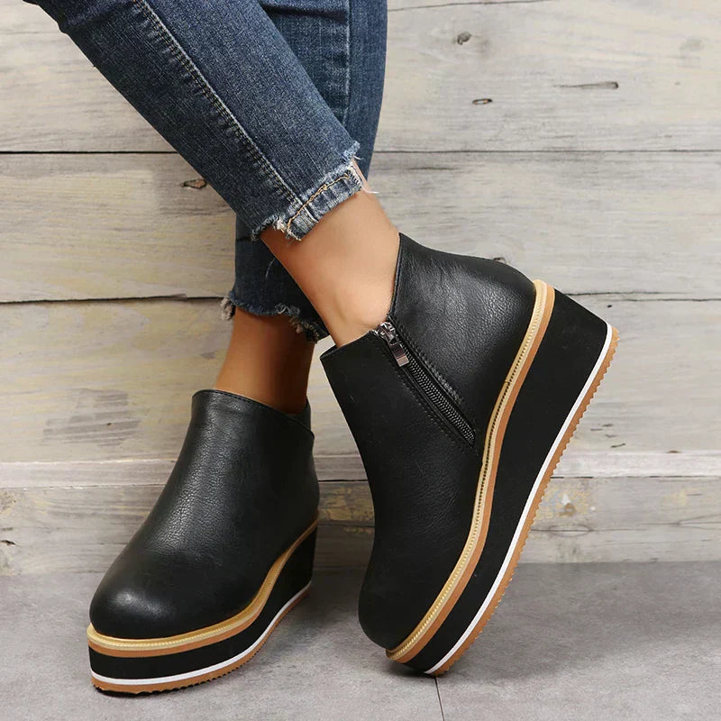 Damen Stiefeletten | Veganes Leder | Plateausohle | Reißverschluss | Einfarbig-Luzern Mode