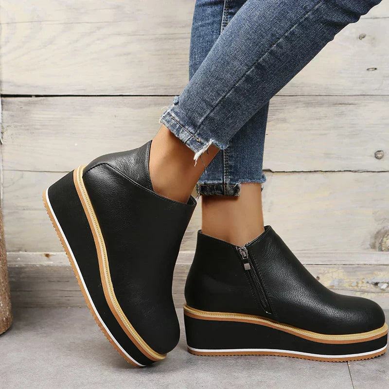 Damen Stiefeletten | Veganes Leder | Plateausohle | Reißverschluss | Einfarbig-Luzern Mode