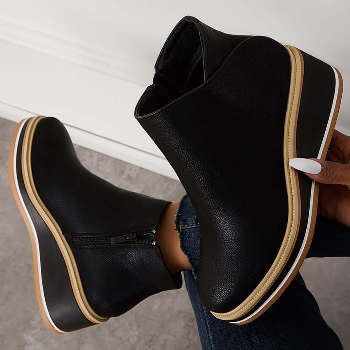 Damen Stiefeletten | Veganes Leder | Plateausohle | Reißverschluss | Einfarbig-Luzern Mode