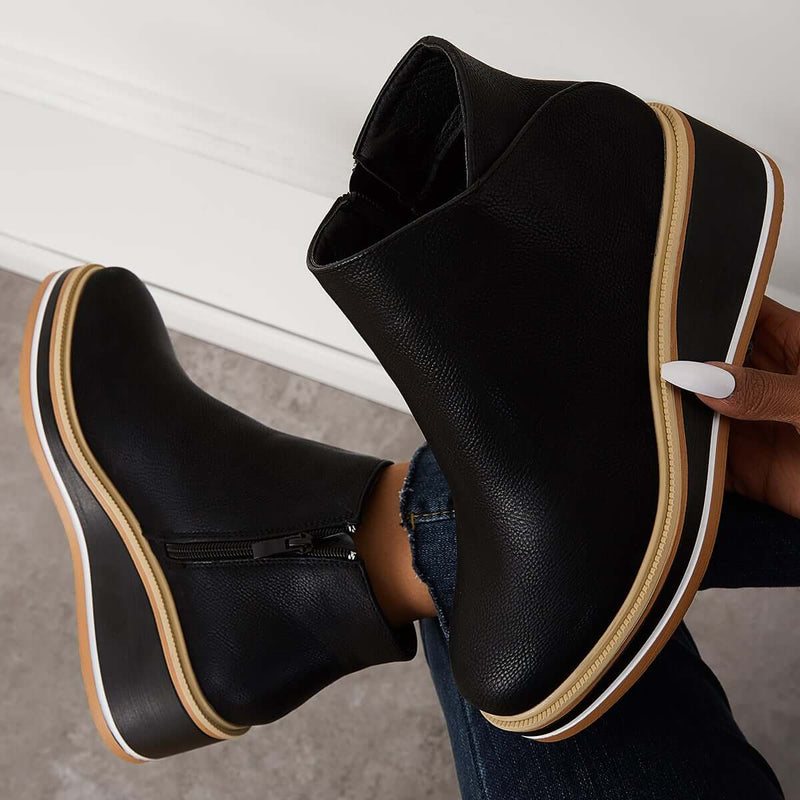 Damen Stiefeletten | Veganes Leder | Plateausohle | Reißverschluss | Einfarbig-Luzern Mode