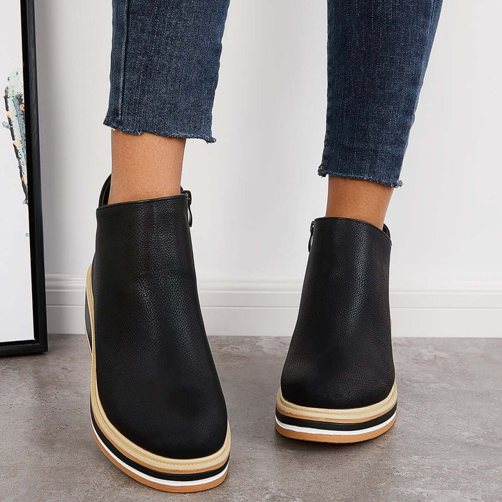Damen Stiefeletten | Veganes Leder | Plateausohle | Reißverschluss | Einfarbig-Schwarz-35-Luzern Mode
