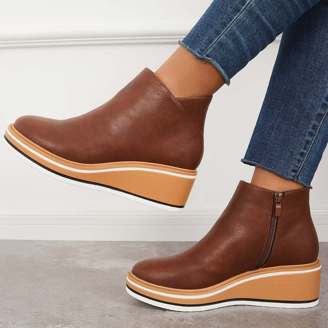 Damen Stiefeletten | Veganes Leder | Plateausohle | Reißverschluss | Einfarbig-Luzern Mode