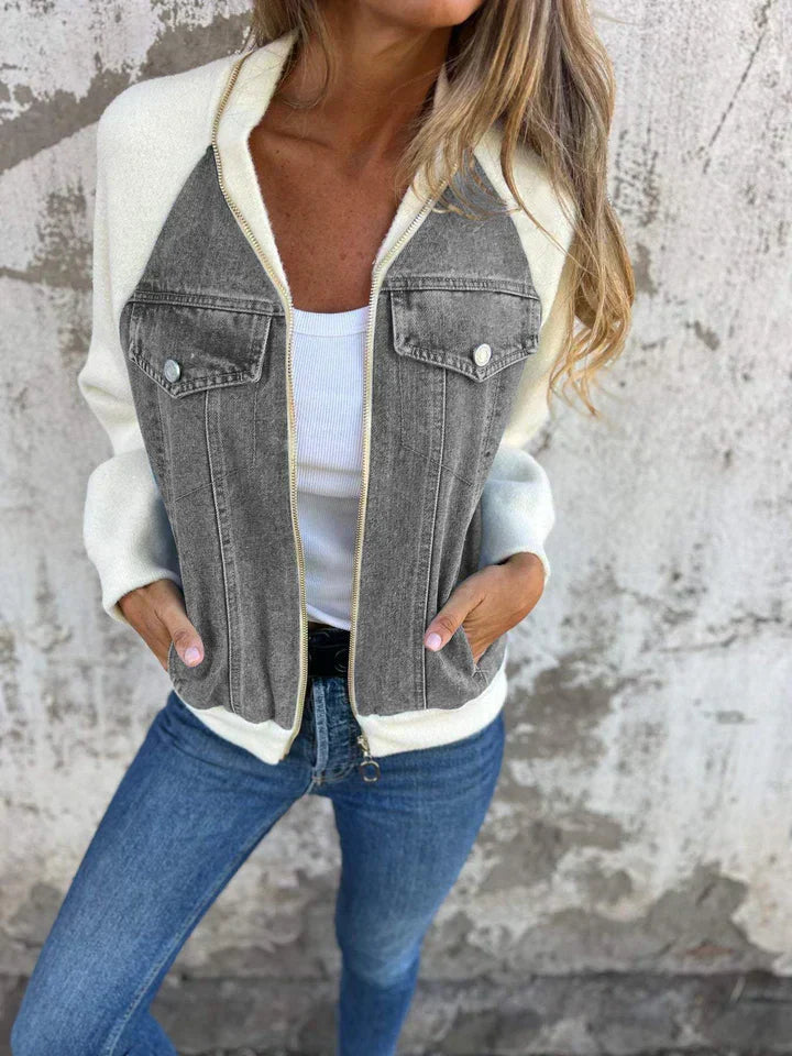 Damen Übergangsjacke mit Jeans-Details und Taschen-Grau-S-Luzern Mode