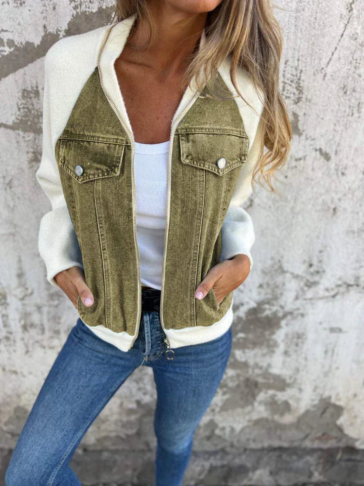 Damen Übergangsjacke mit Jeans-Details und Taschen-Olivgrün-S-Luzern Mode