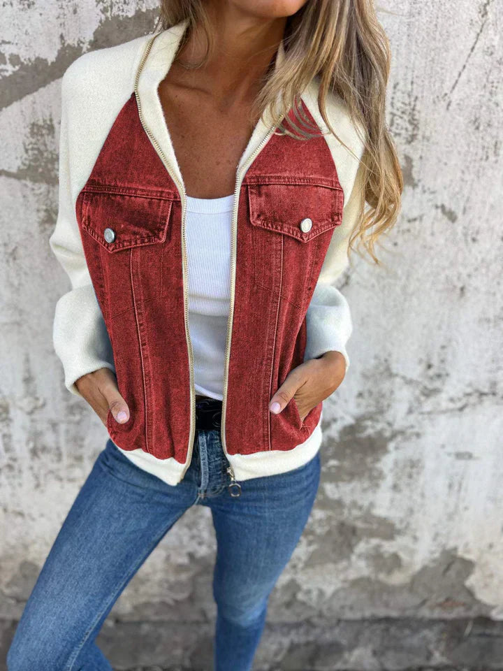 Damen Übergangsjacke mit Jeans-Details und Taschen-Rot-S-Luzern Mode