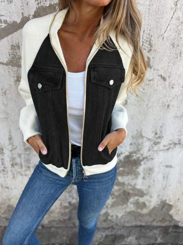 Damen Übergangsjacke mit Jeans-Details und Taschen-Schwarz/Weiß-S-Luzern Mode