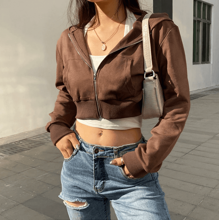 Trendy Damen Cropped Hoodie | Reißverschluss | Sportlich | Figurbetont | Kapuze-Luzern Mode