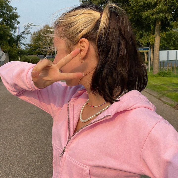 Trendy Damen Cropped Hoodie | Reißverschluss | Sportlich | Figurbetont | Kapuze-Rosa-S-Luzern Mode