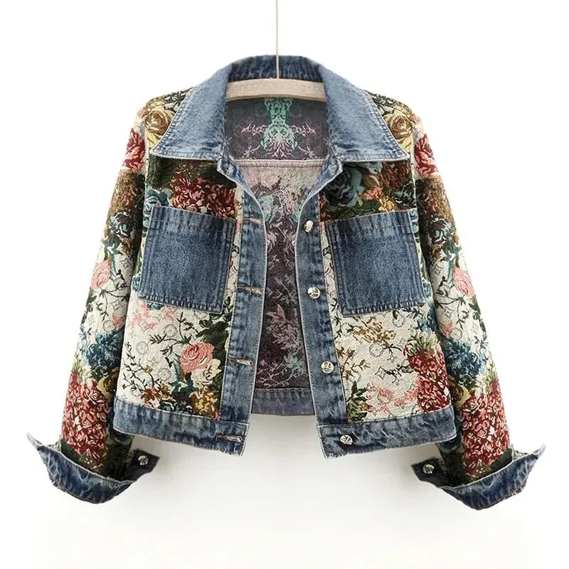 Damen Jeansjacke mit Blumenmuster - Vintage Look Mode-Dunkelblau-XS-Luzern Mode