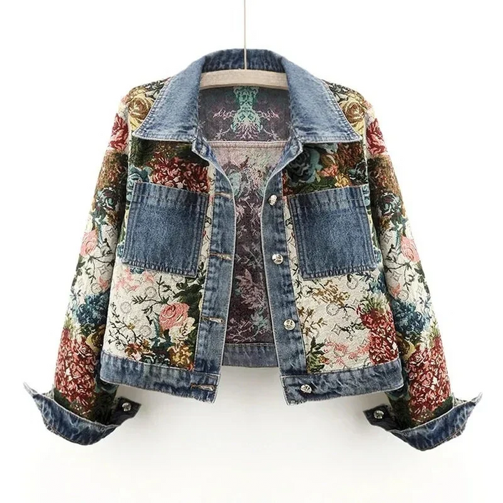 Damen Jeansjacke mit Blumenmuster - Vintage Look Mode-Dunkelblau-XS-Luzern Mode