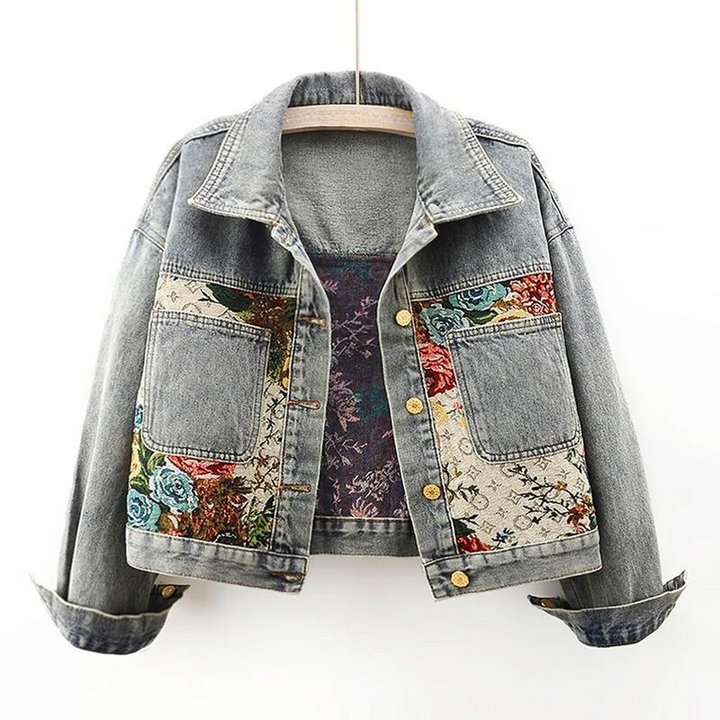 Damen Jeansjacke mit Blumenmuster - Vintage Look Mode-Hellblau-XS-Luzern Mode