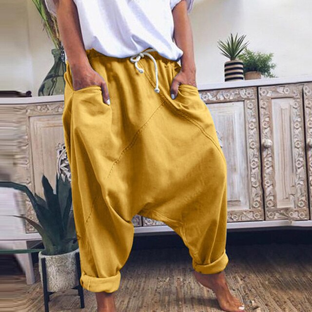 Damen Haremshose Baggy Style mit Elastischem Bund-Gelb-S-Luzern Mode