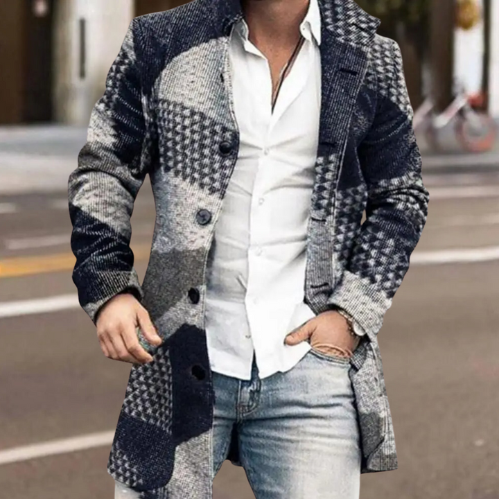 Herren Wintermantel Kariert - Eleganter Langer Wollmantel-Blau-S-Luzern Mode
