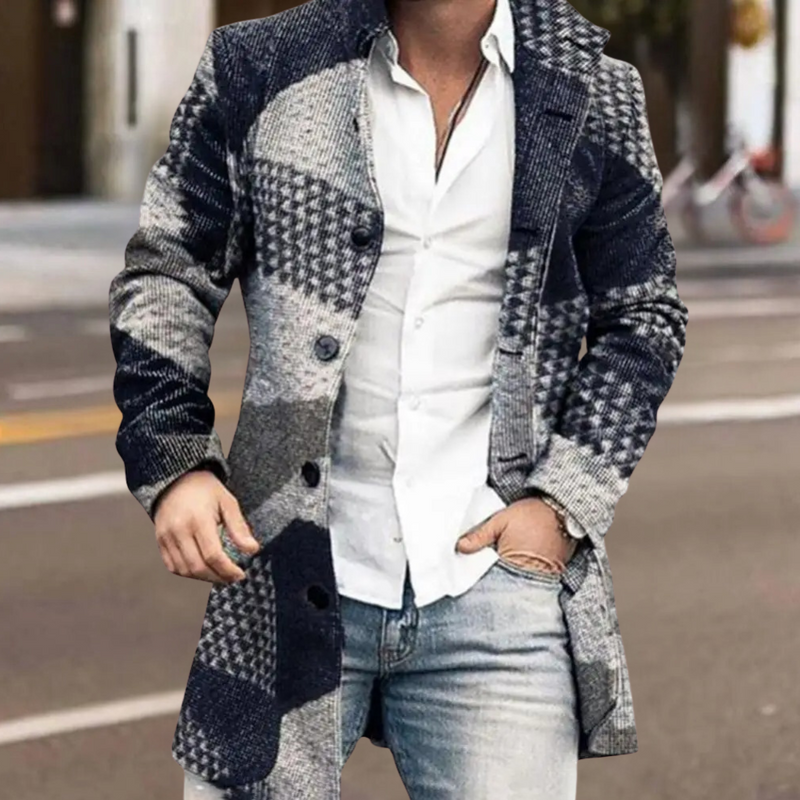 Herren Wintermantel Kariert - Eleganter Langer Wollmantel-Blau-S-Luzern Mode