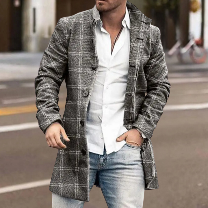 Herren Wintermantel Kariert - Eleganter Langer Wollmantel-Hellgrau-S-Luzern Mode