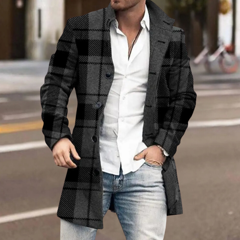 Herren Wintermantel Kariert - Eleganter Langer Wollmantel-Schwarz-S-Luzern Mode