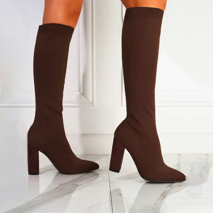 Damen Stiefel mit Absatz - Elegante Strickstiefel Online-Braun-35-Luzern Mode