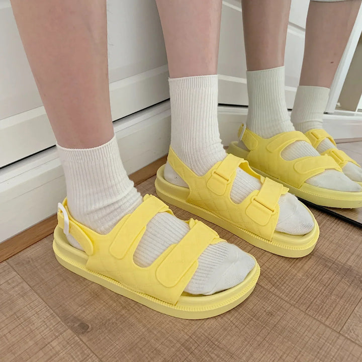 Plateau Sandalen Damen | verstellbare Riemen | luftiges Material | Sommerlook-Gelb-35-Luzern Mode