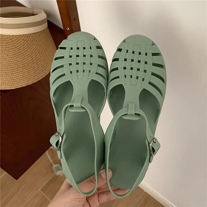 Plateau Sandalen Damen | verstellbare Riemen | luftiges Material | Sommerlook-Grün-35-Luzern Mode