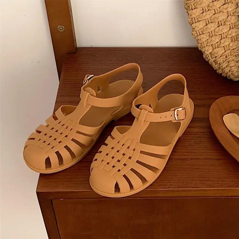 Plateau Sandalen Damen | verstellbare Riemen | luftiges Material | Sommerlook-Hellbraun-35-Luzern Mode