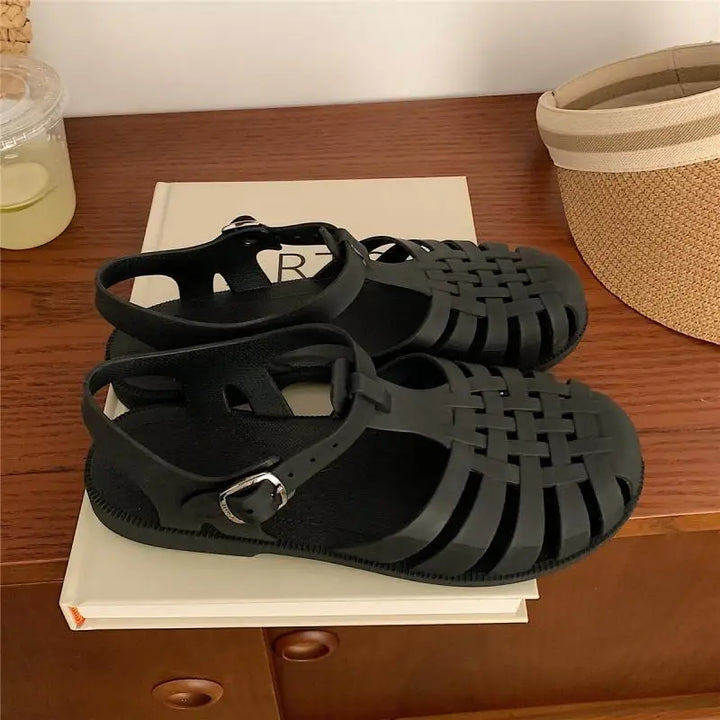 Plateau Sandalen Damen | verstellbare Riemen | luftiges Material | Sommerlook-Schwarz-35-Luzern Mode