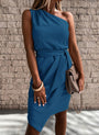 Midi-Kleid | Ein Schulter | Einfarbig | Asymmetrisch | Taillenband | Modern-Blau-S-Luzern Mode