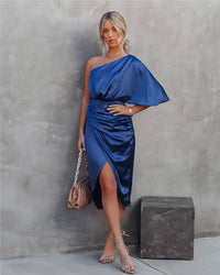Seidene Festkleid | Kalte Schulter | Halblange Ärmeln | Halblang | Unifarben-Blau-XS-Luzern Mode