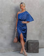 Seidene Festkleid | Kalte Schulter | Halblange Ärmeln | Halblang | Unifarben-Blau-XS-Luzern Mode