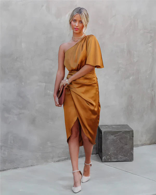 Seidene Festkleid | Kalte Schulter | Halblange Ärmeln | Halblang | Unifarben-Luzern Mode