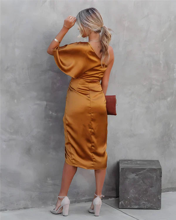 Seidene Festkleid | Kalte Schulter | Halblange Ärmeln | Halblang | Unifarben-Luzern Mode
