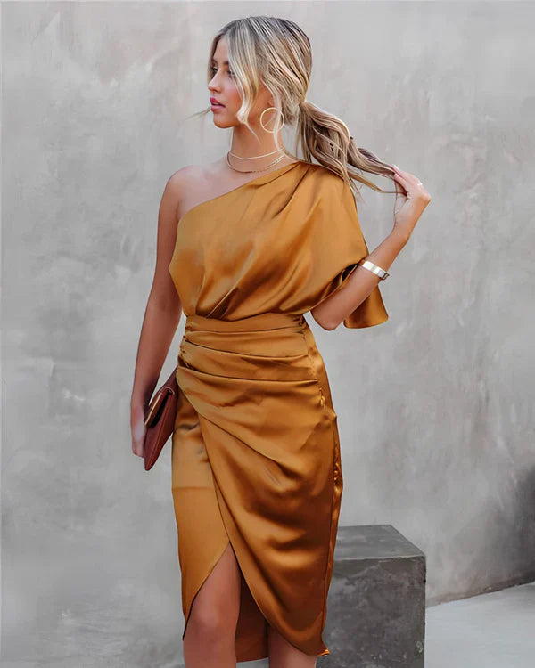 Seidene Festkleid | Kalte Schulter | Halblange Ärmeln | Halblang | Unifarben-Orange-XS-Luzern Mode